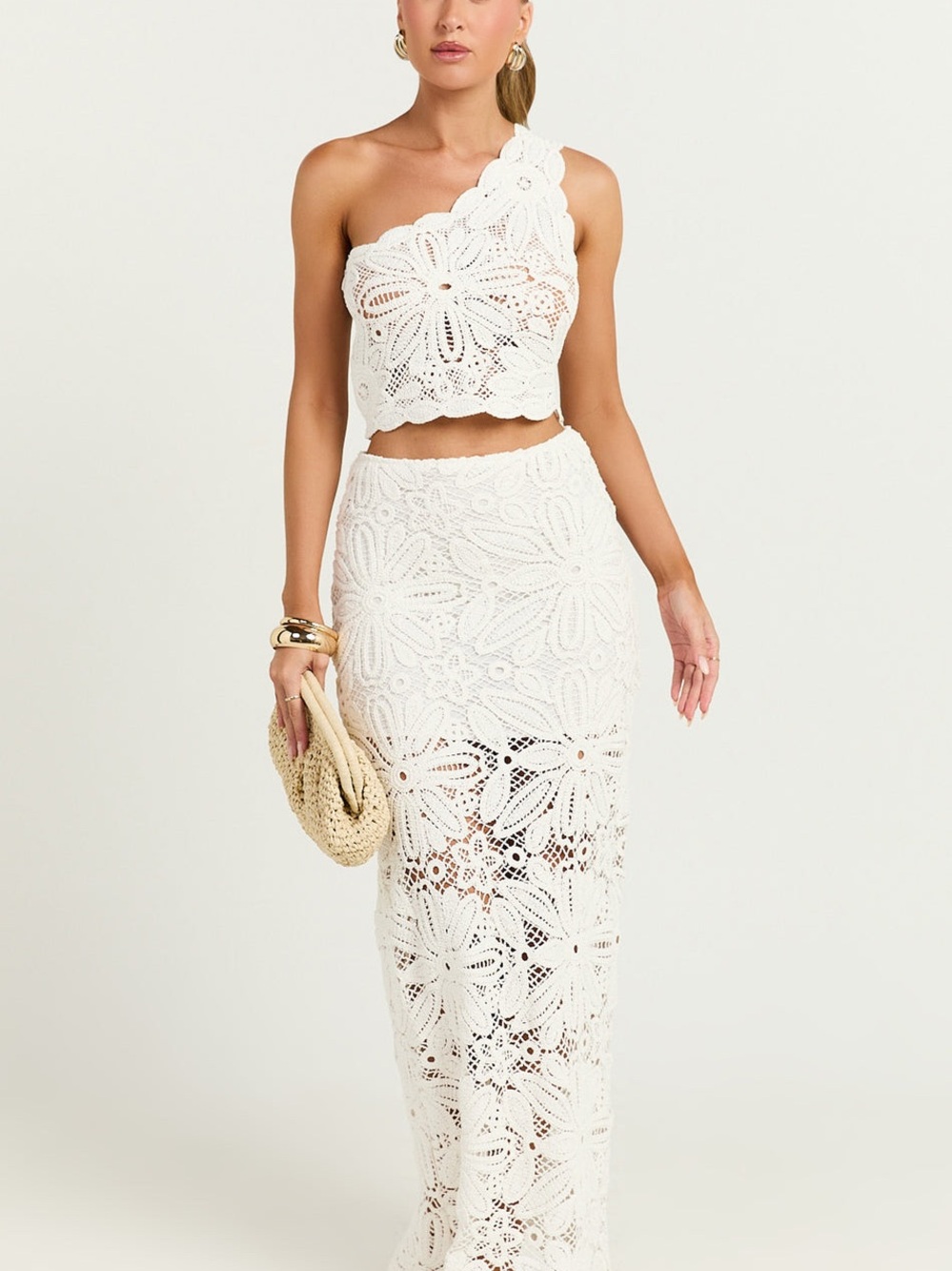 White Crochet Fit and Flare Skirt & One-Shoulder Crop Top Set